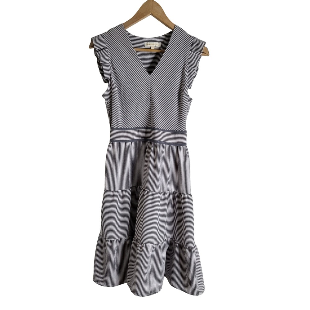Monteau Los Angeles Striped Ruffle Tiered Midi Dress Blue White M Cottagecore